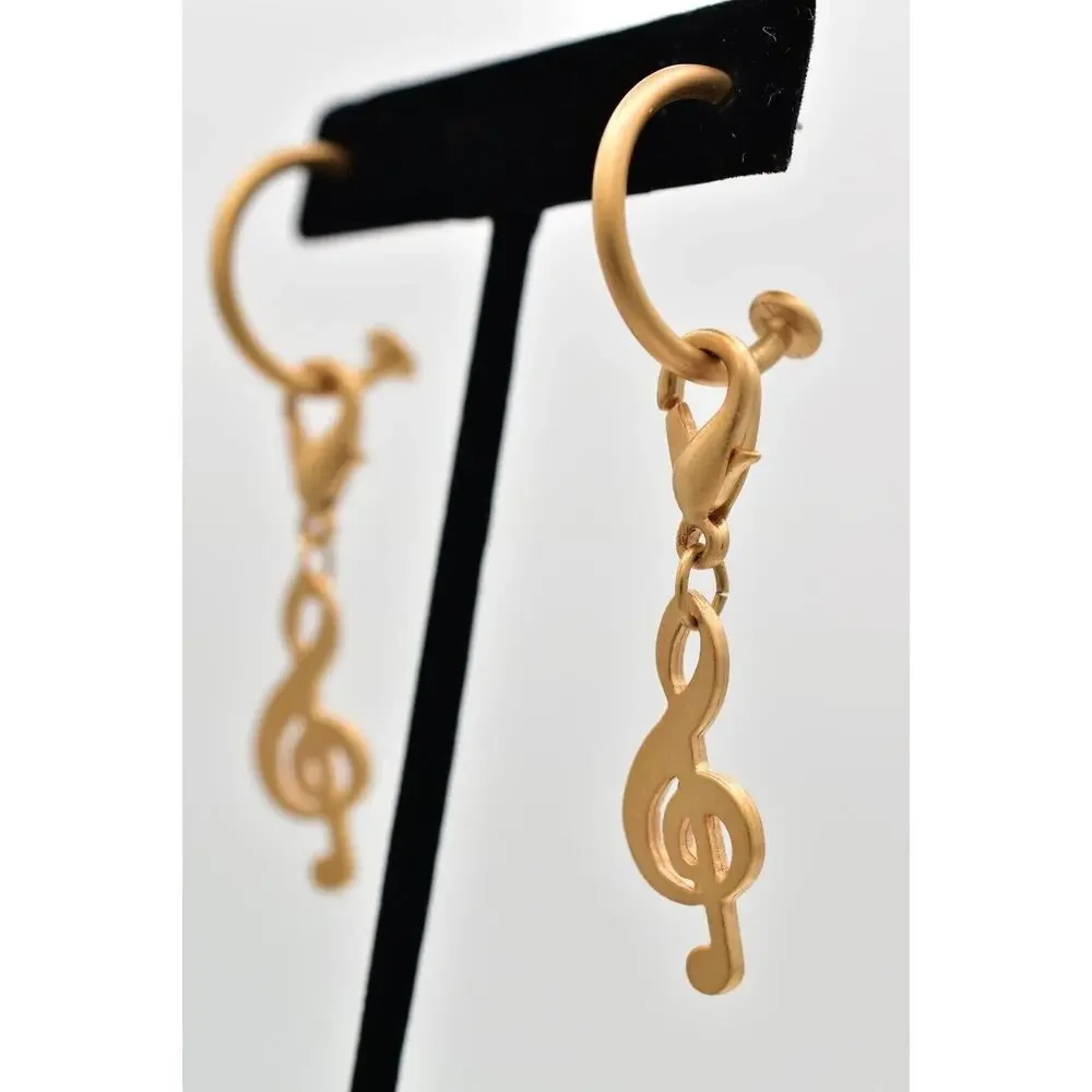 Vintage Treble Clef Earrings Dangle Brushed Gold Music Note Chunky NOS 80s BinBK
